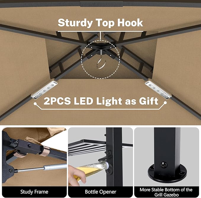MASTERCANOPY 11 x 5 Grill Gazebo with Extra Side Awning Outdoor BBQ Gazebo with 2 LED Lights for Patio Party Backyard Picnic(Khaki)