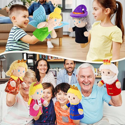 6 Pcs Castle Hand Puppets Fairy Tales Queen & King, Princess & Prince, Elf & Witch Plush Toys Role-Play Toy Puppets for Kids Storytelling Imaginative Pretend Play Teaching Preschool(6 Cartoon)