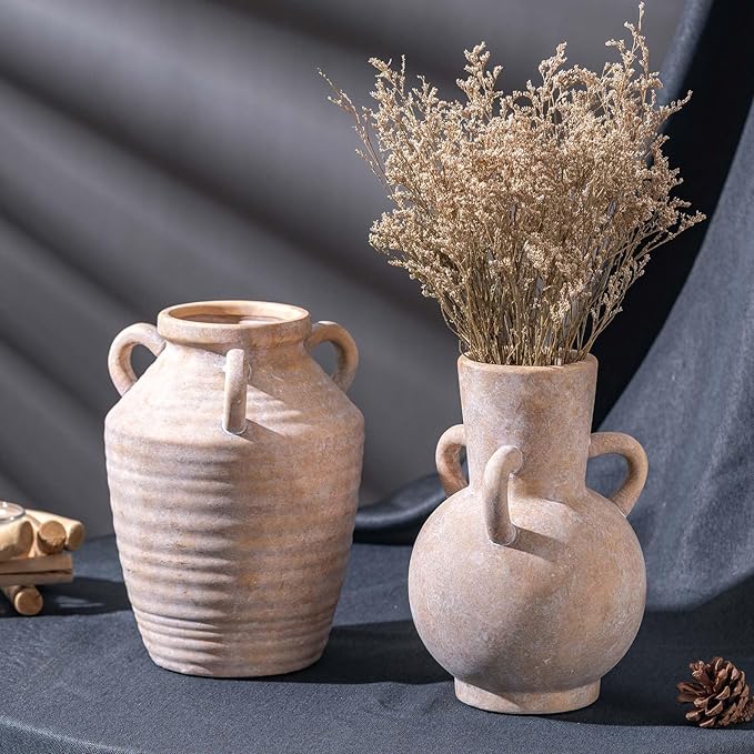 Vintage Terracotta Ceramic Vase with Handles, Rustic Beige Pottery Tulip Vase for Cottage Core Home Mantle Decor, Farmhouse Table Centerpieces, Large Bulk Flower Vases Jarrones Decorativos para Sala