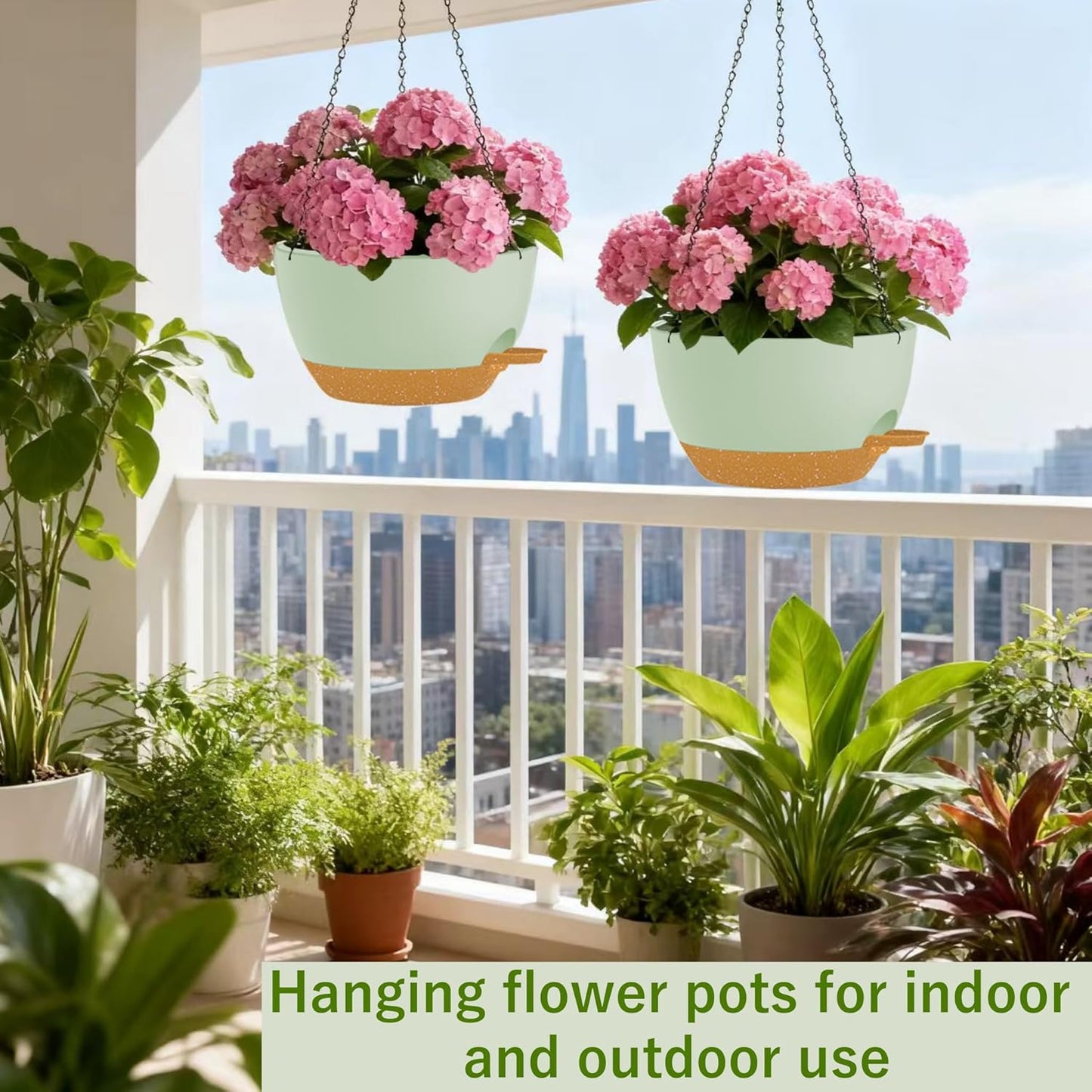 2 Pack Hanging Planters for Indoor Outdoor Plants, 12 Inch Self Watering Hanging Pot with Drainage Holes and Saucer, Plastic Plant Pots, Green Brown Flower Pots for Kitchen, Balcony, Garden