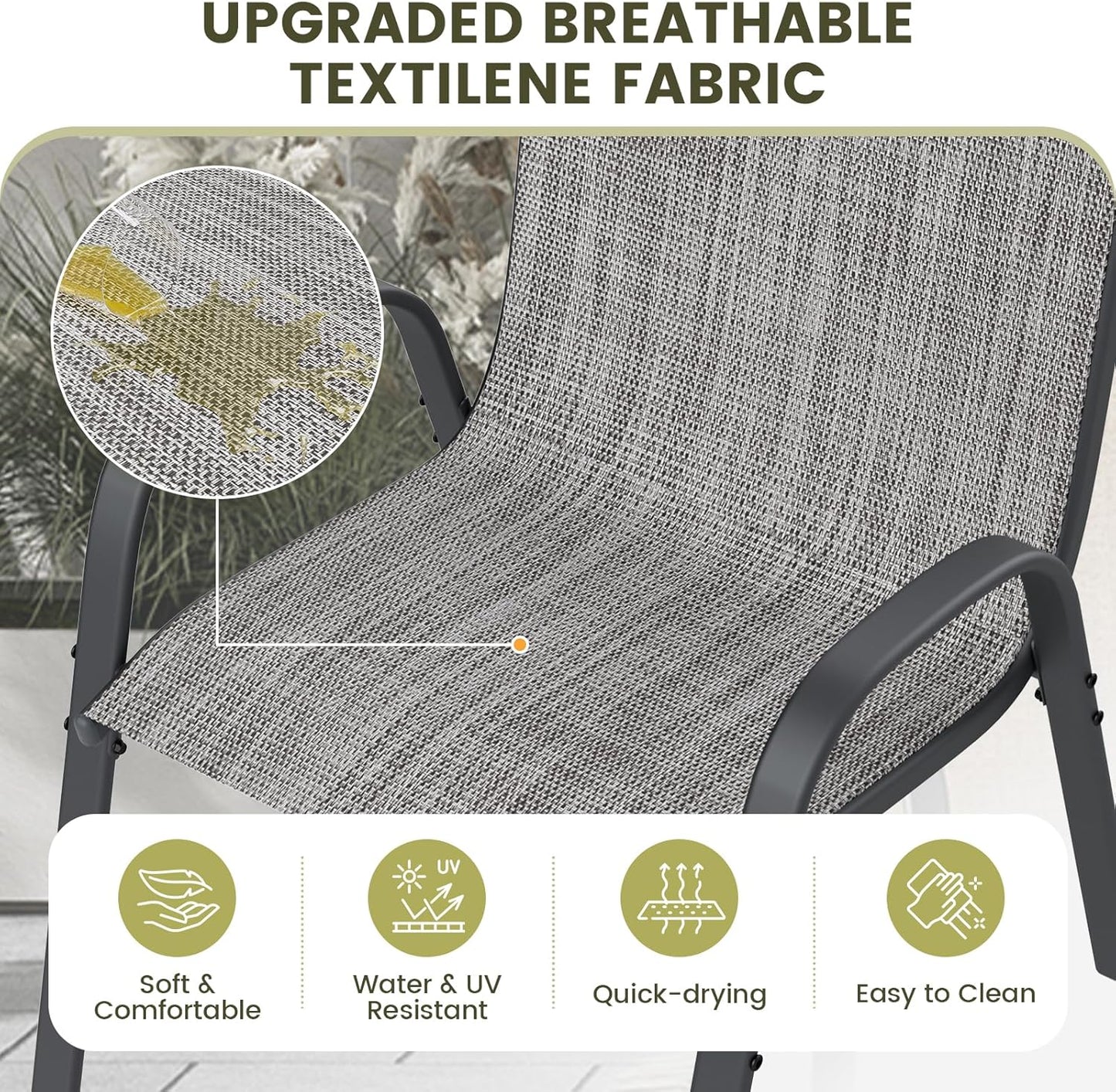 UDPATIO Patio Chairs Set of 2, Stackable Outdoor Dining Chairs with High Back, Breathable Textilene Fabric Outdoor Chair All Weather, 350LBS Capacity for Garden, Backyard (Light Grey)