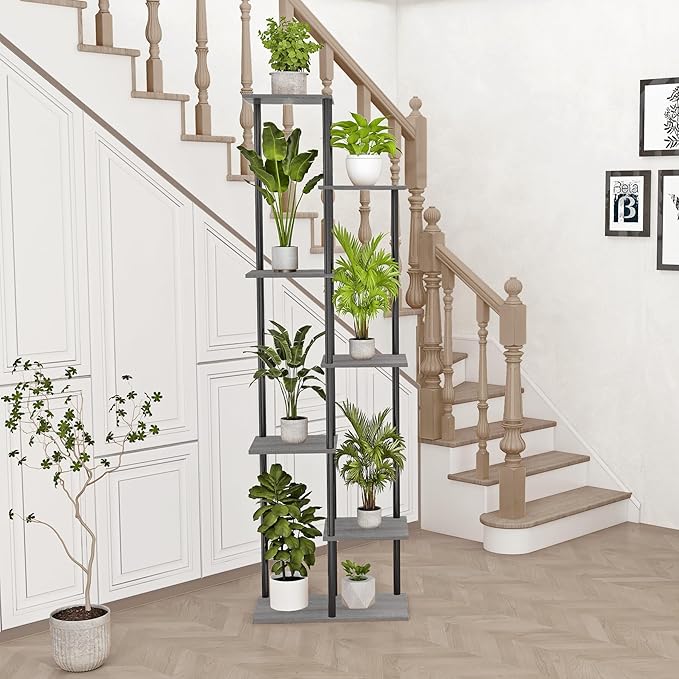 Plant Stand Indoor 7 Tier 8 Potted Metal Wood Plant Shelf, Multiple Flower Pots Corner Tall Plant Holder Stands for Living Room Balcony Bedroom, Oak Grey