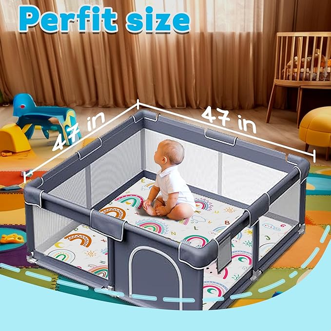 Baby Play Mat，Thick Soft 47" X 47" Playpen mat, Non-Slip and Machine Washable Baby Play Mats for Floor，Crawling Mat for Babies, Toddlers & Infants to Play and Learn (Rainbow)