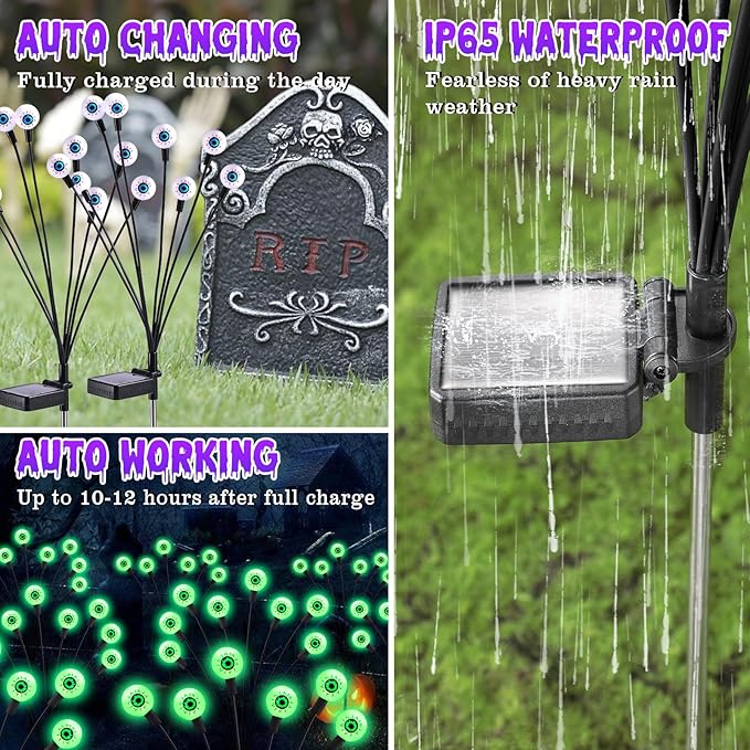 ASMAD Halloween Decorations Outdoor Solar Scary Eyeball Lights, 4Pack 32LEDs Green Eyeball Swaying Firefly Light, Waterproof Halloween Path Lights for Garden/Yard/Patio/Party Decor