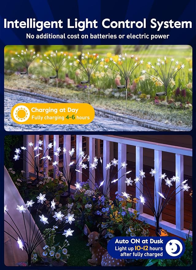 Brightown Christmas Pathway Lights - 4 Pack 48 LED Snowflake Outdoor Lights With 2 Modes, Waterproof Solar Firefly Decoration for Yard, Cool White