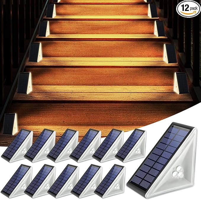 Solar Step Lights Outdoor Waterproof IP67, 12 Pack Solar Powered Stair Light with 3 LEDs, Triangle Solar Deck Light for Outside Garden Patio Yard Porch Front Door, Warm White