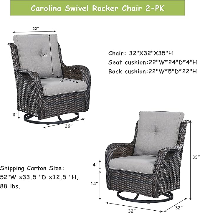 Outdoor Patio Swivel Rocker Chairs - Wicker Rattan Patio Swivel Rocking Chairs Set of 2 with High Back,Deep Seating and Comfort Cushions for Deck Porch Garden,rown/Grey
