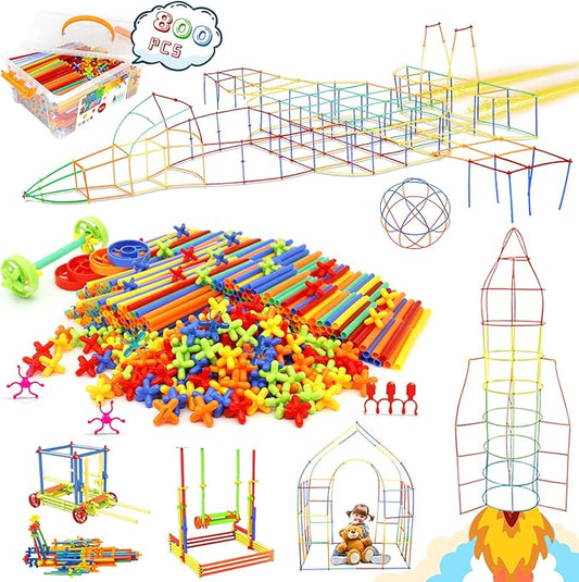 Ggiibro Straw Constructor Toys 800Pcs STEM Building Toy for 3+ Year Interlocking Plastic Engineering Toys Thin Tube Blocks Educational Toy Kit for Indoor Kids Toy with a Storage Box