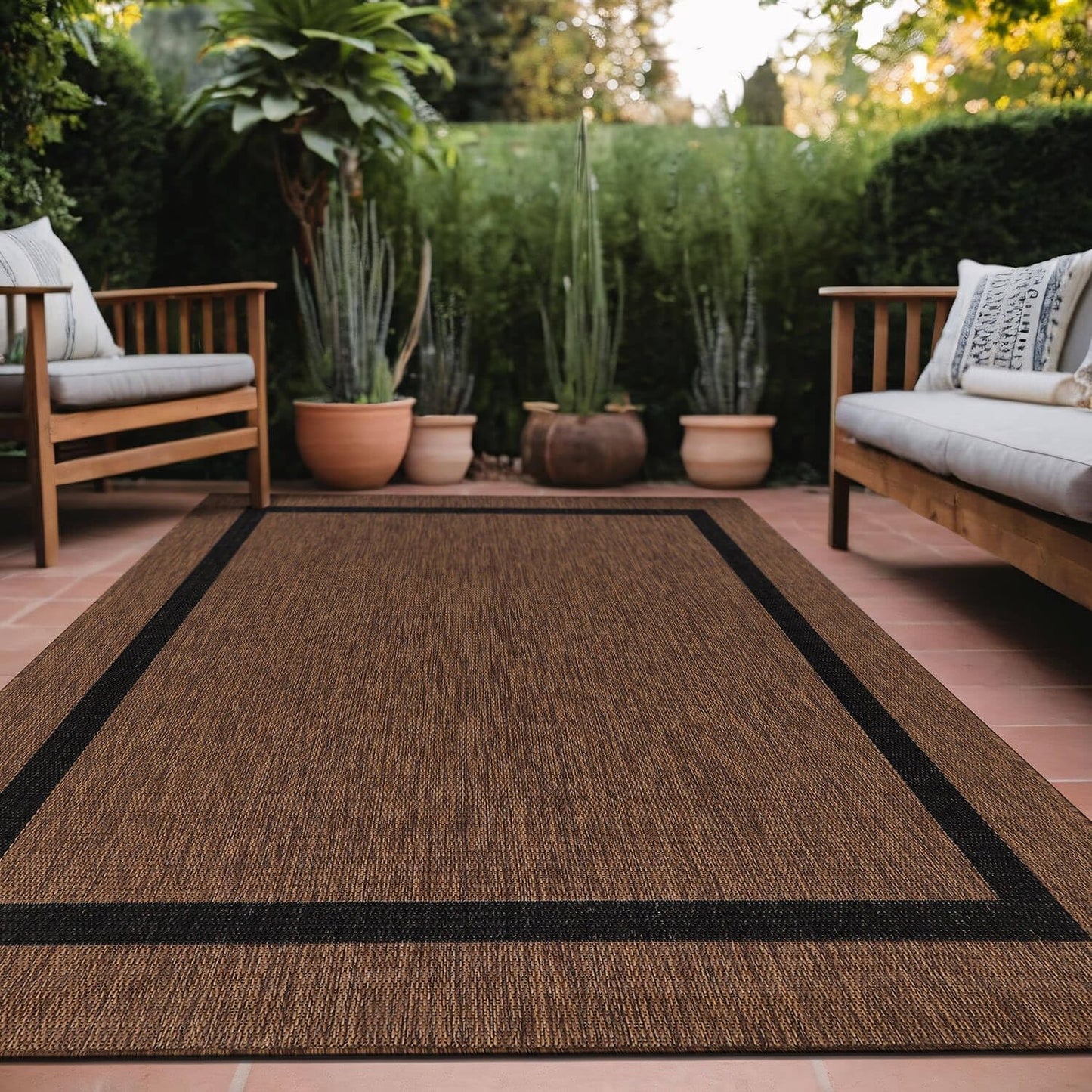 Bordered Outdoor Rug 6x9 Washable Outside Carpet for Indoor Patio Porch Waterproof Easy Cleaning Non Shedding Area Rugs Nut Brown - Black 6 x 9