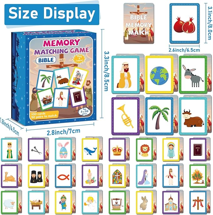 gisgfim 50 Pairs Memory Matching Game Bible Concentration Memory Card Games for Kids Educational A Fun & Fast Christian Bible VBS 2025 Easter Biblical Theme Matching Games