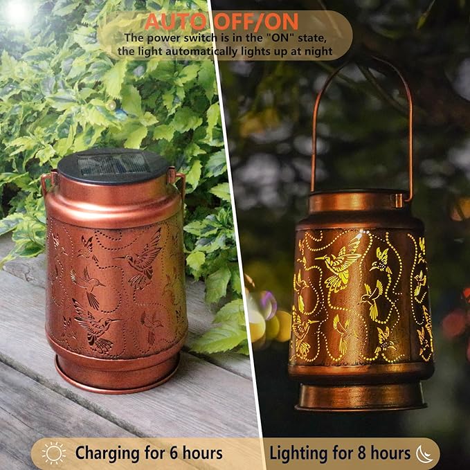 2 Pack Solar Hummingbird Lanterns Outdoor Hanging Decor Lantern,Waterproof Hollow Out Metal Decorative Garden Light,Graceful Decoration for Patio,Yard,Landscape,Walkway,Festival
