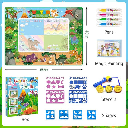 60×40 Inches Water Doodle Mat Kids Mess Free Coloring for Toddlers 3 4 5 6 7 8 9 Years, Large Doodle Mat with 4 Magical Water Color Pens 0-9 Number Template Educational Toys