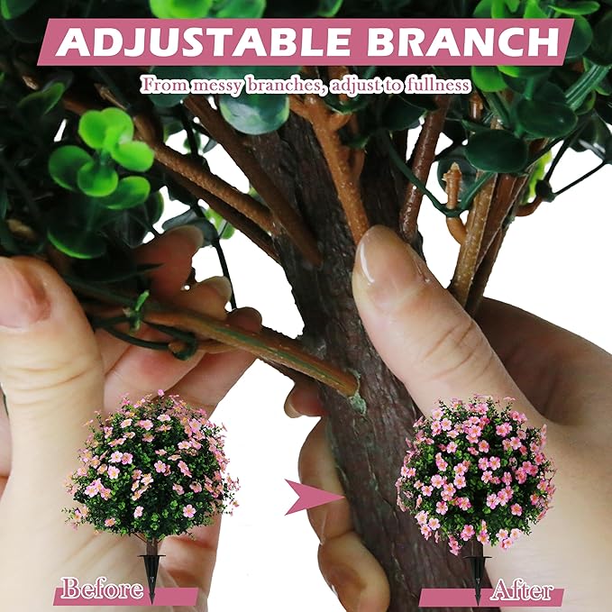 Sunnyglade Set of 2 Artificial Boxwood Topiary Ball Trees with Pink Flower, Faux Shrub Bushes with Ground Spike 25.5", UV Resistant Fake Boxwood Plants for Indoor, Garden, Porch, Patio Decor (Pink)