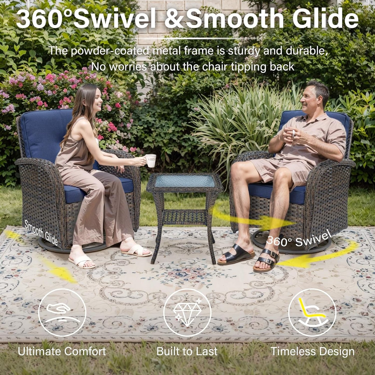 Outdoor Furniture Set - 6 Pieces Patio Conversation Sectional Sofa Set with Swivel Rocker Outdoor Chairs Set of 2 and Wicker Coffee Table for Deck Backyard Sunroom Brown