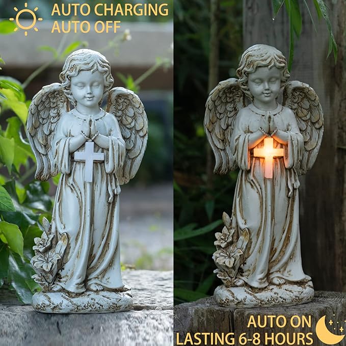 Angel Statue for Garden,Solar Angel for Cemetery Decorations,Garden Memorial Angel,Resin Praying Angel Figurine for Patio Lawn Yard Porch Decorations,12.12inch