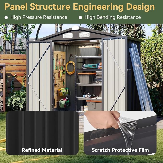 Aoxun 6'x4' Outdoor Storage Shed with Base Galvanized Steel Metal Garden Shed for Patio, Lawn & Garden Black, 6' x 4'W/Base