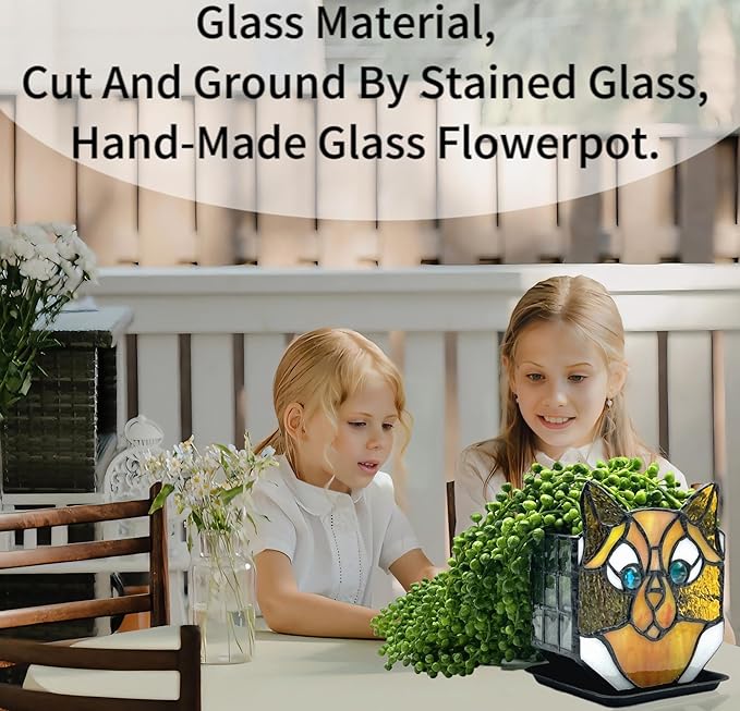 Stained Glass Yellow Cat Planter, Indoor Plant Tabletop Plant Display, Yellow Cat Small Plant Pot, Cat Terrarium Decor, Cat Decor Gift 4.6x3x5.15 in(Excluding Plants)