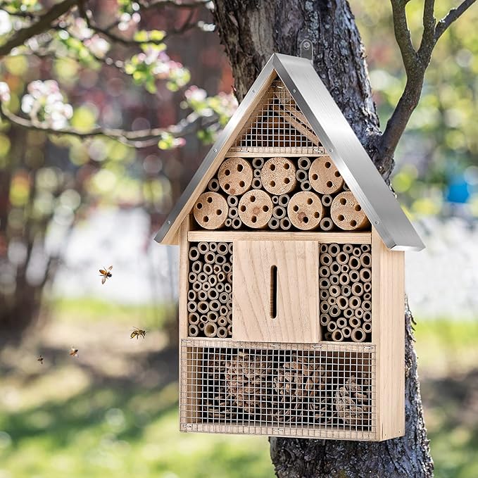 Wooden Mason Insect Bee Butterfly House,Insect Hotel,an Outdoor Hanging Bamboo Habitat for Bee Butterfly Ladybugs Live,Bee Box,Butterfly Habitat for Garden,9 x 15.7 x 2.5 Inch