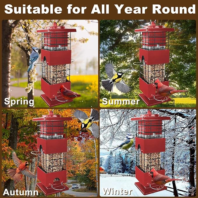 Squirrel Proof Bird Feeder, 3LBS Large Capacity Hanging Bird Feeders for Outdoors, Weight-Activated Perches Metal Anti-Squirrel Birdfeeder for Blue Jay, Cardinal, Outside (Red)