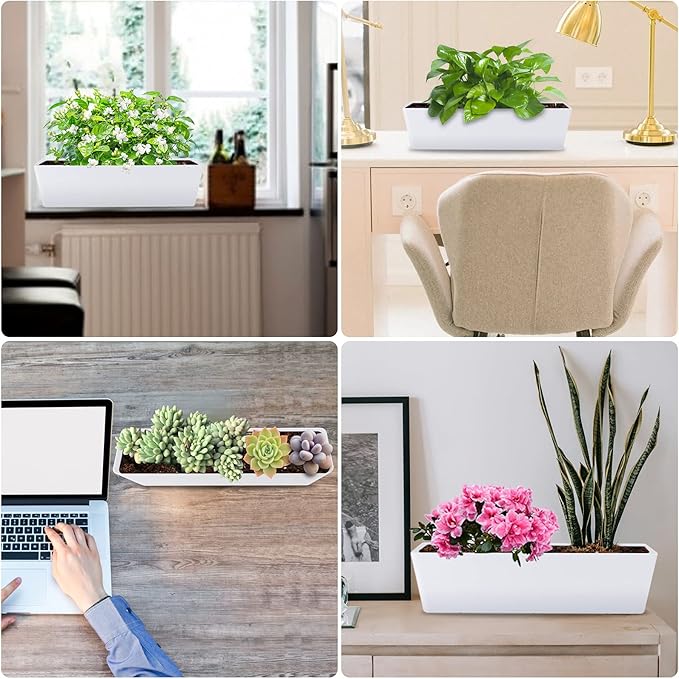 GREANER Large Window Boxes Planters, 1PCS 16x3.8 Inch White Vegetable Herb Planters with Tray, Indoor Succulent Cactus Flowers Plastic Rectangle Pot for Balcony, Office, Garden, Outdoor, Windowsill