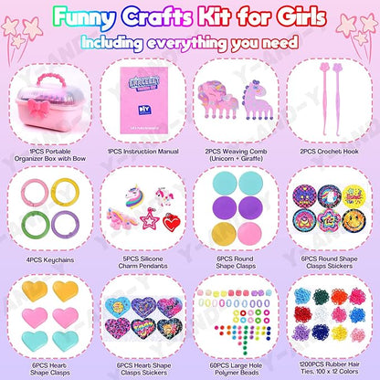 Kids Art and Craft Kit, DIY Bracelet Making Kit for Kids Age 6+ Years Old, 1200+ Colorful Hair Ties Rubber Band Bracelet Make Toy with Unicorn Giraffe Weaving Comb, Organizer Case, Gifts for Girls
