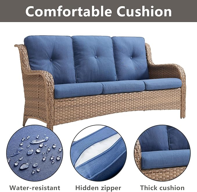 Outdoor Wicker Patio Furniture Set - 6 Piece Rattan Patio Conversation Set with 2 Rocking Swivel Chairs,2 Ottomans,1 Sofa and 1 Side Table for Porch Deck Backyard Garden(Yellow/Blue)