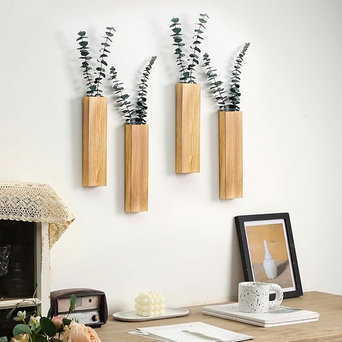 Wood Wall Planter 4 Pack Wall Decor for Artificial Flower Plants Wooden Plants Holders Wall Plant Pocket Vase Hanging for Living Room Bedroom Dining Room Bathroom Indoor Decroation (Light Brown)