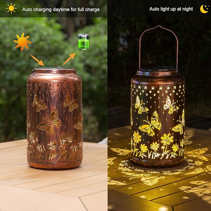 pearlstar Butterfly Lantern Outdoor Solar Hanging Lantern Lights Decorative Solar Light Waterproof for Table Patio Yard Garden Lawn Landscape Lighting, Gardening Gifts for Women Mon (A-Butterfly)