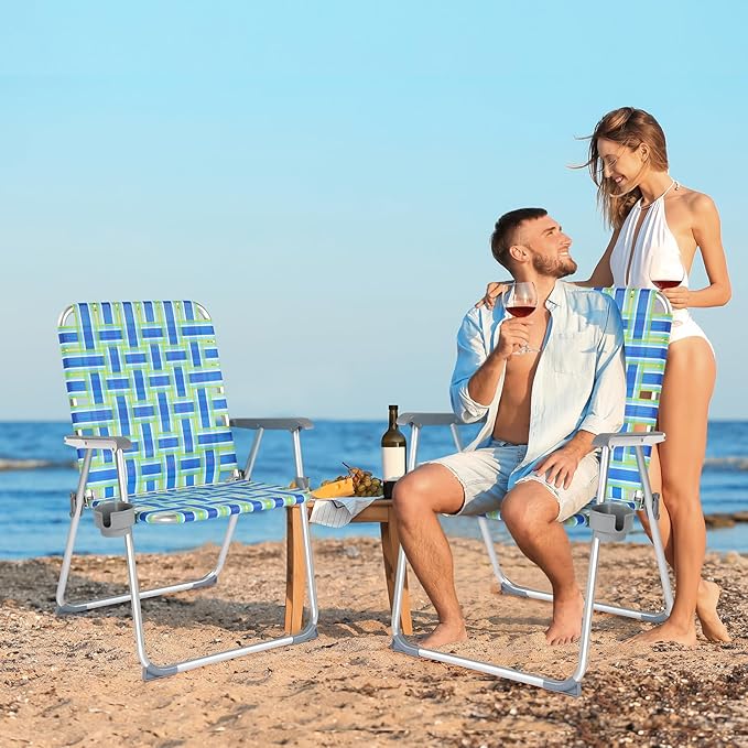VINGLI Folding Aluminum Webbed Oversized Lawn Chairs with Detachable Cup Holder, 300LBS High Beach Chair for Adults Heavy Duty, Portable Patio Chair for Yard, Garden, 2 Pack,Blue/Green
