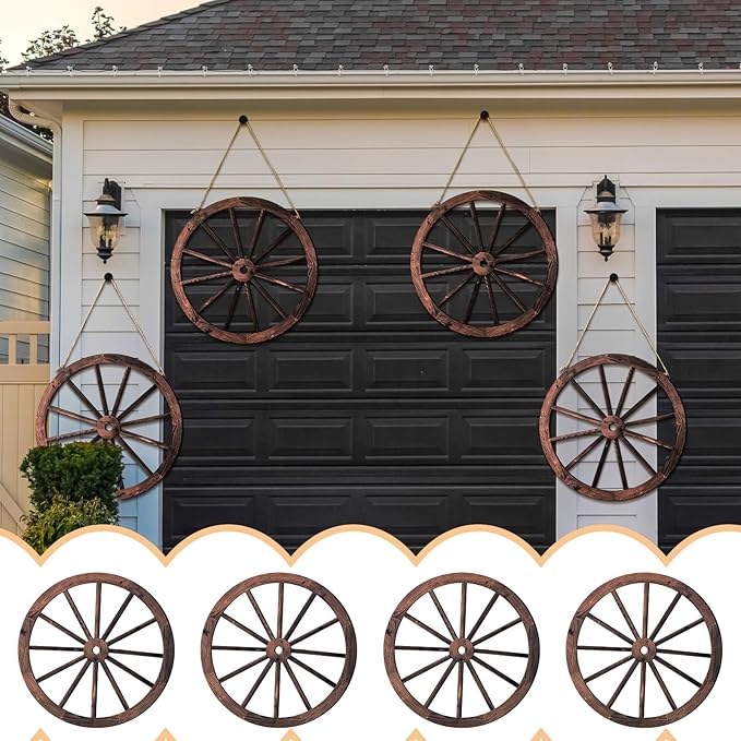 Qunclay 4 Pcs Wooden Wagon Wheel Wall Decor Old Western Wood Boho Wall Art Farmhouse Boho Wagon Wheels Rustic Yard Decor Wood Hanging Decorations for Garden Home Bar Garage (17.7 Inch)