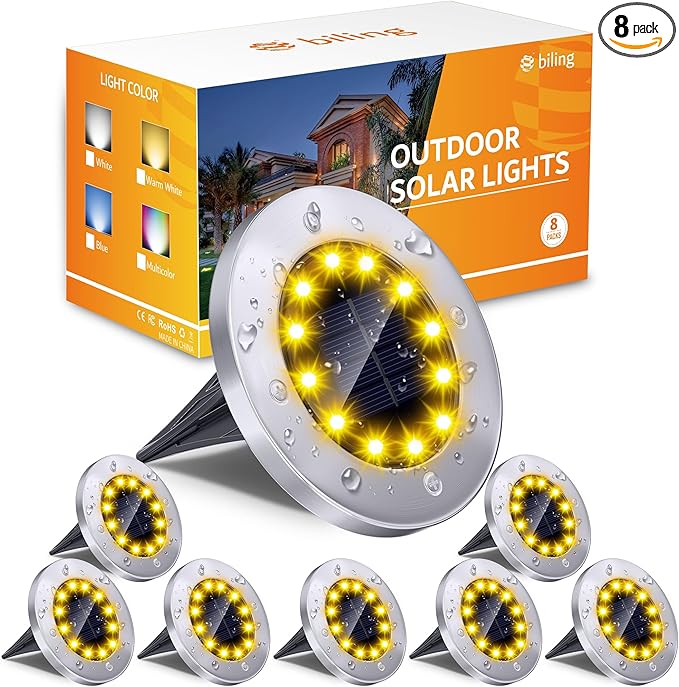 Biling Solar Ground Lights Outdoor 8 Packs, Bright 12 LEDs Solar Lights Outdoor Waterproof, Flat Landscape Lights Solar Powered for Yard Walkway Garden Driveway (Warm White)