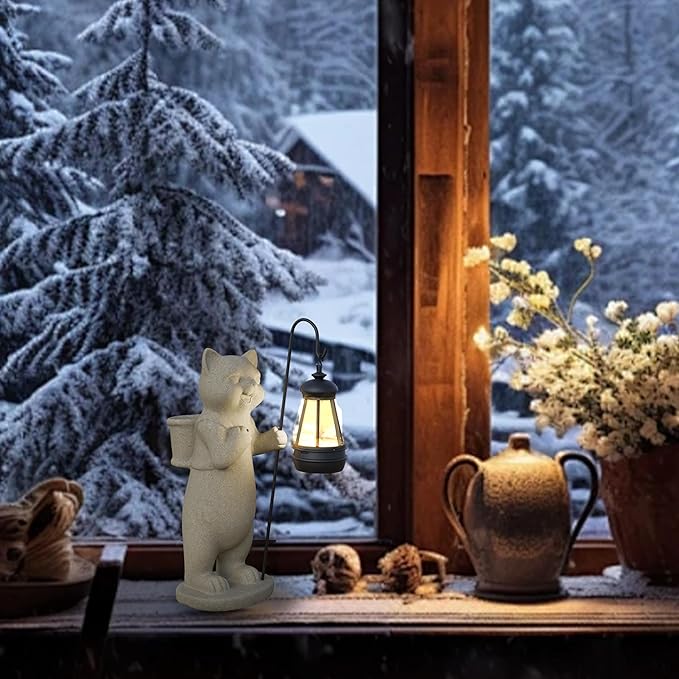 Solar Powered Garden Resin Statue Lights, 10 Inch Waterproof Outdoor Animal Cute Cat Figurine Lights, Suitable for Patios, Balconies, Lawns, Courtyards, Etc.(Basket)