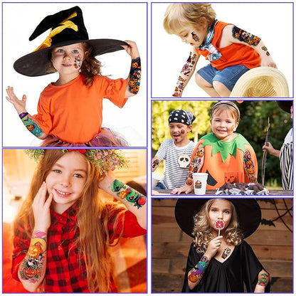 52 Pcs Bright colors Halloween Temporary Tattoo for Kids Full Arm for Girls Boys Pumpkin Ghost Castle Monster Body Face Fake Arm Tattoos Makeup Tiny Tattoo Stickers Scary Halloween Party Supplies