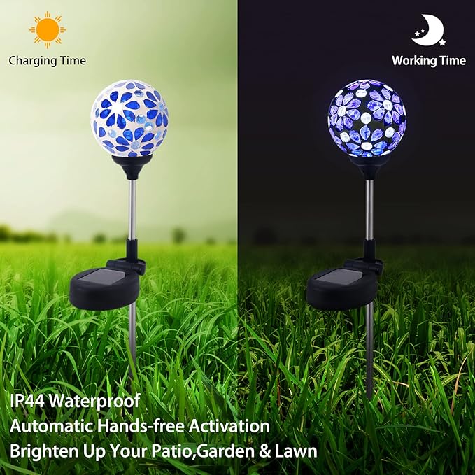 WNP Solar Garden Decorative Stakes Blue Outdoor Waterproof Mosaic Solar Powered Flower Petal Ball Light Colorful Glow for Yard Pathway Great Gift for Mom and Girls