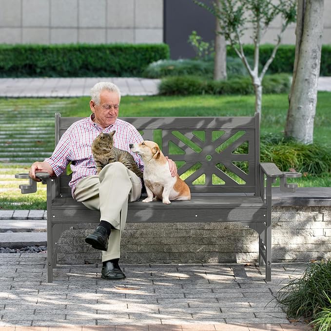 nalone Outdoor Bench with Cup Holders, HDPE All Weather Porch Bench Load up to 800 Lbs, 2-Person Garden Benches Rot-Proof Fade Proof for Patio, Porch, and Park (Grey)