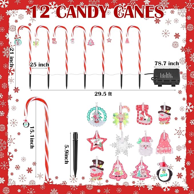 12 Pcs Christmas Candy Cane Lights Outdoor Christmas Decorations Battery Operated Candy Cane Pathway Markers Light 84 LED Candy Cane Stake Waterproof with 8 Modes for Yard Garden Lawn Tree Decor
