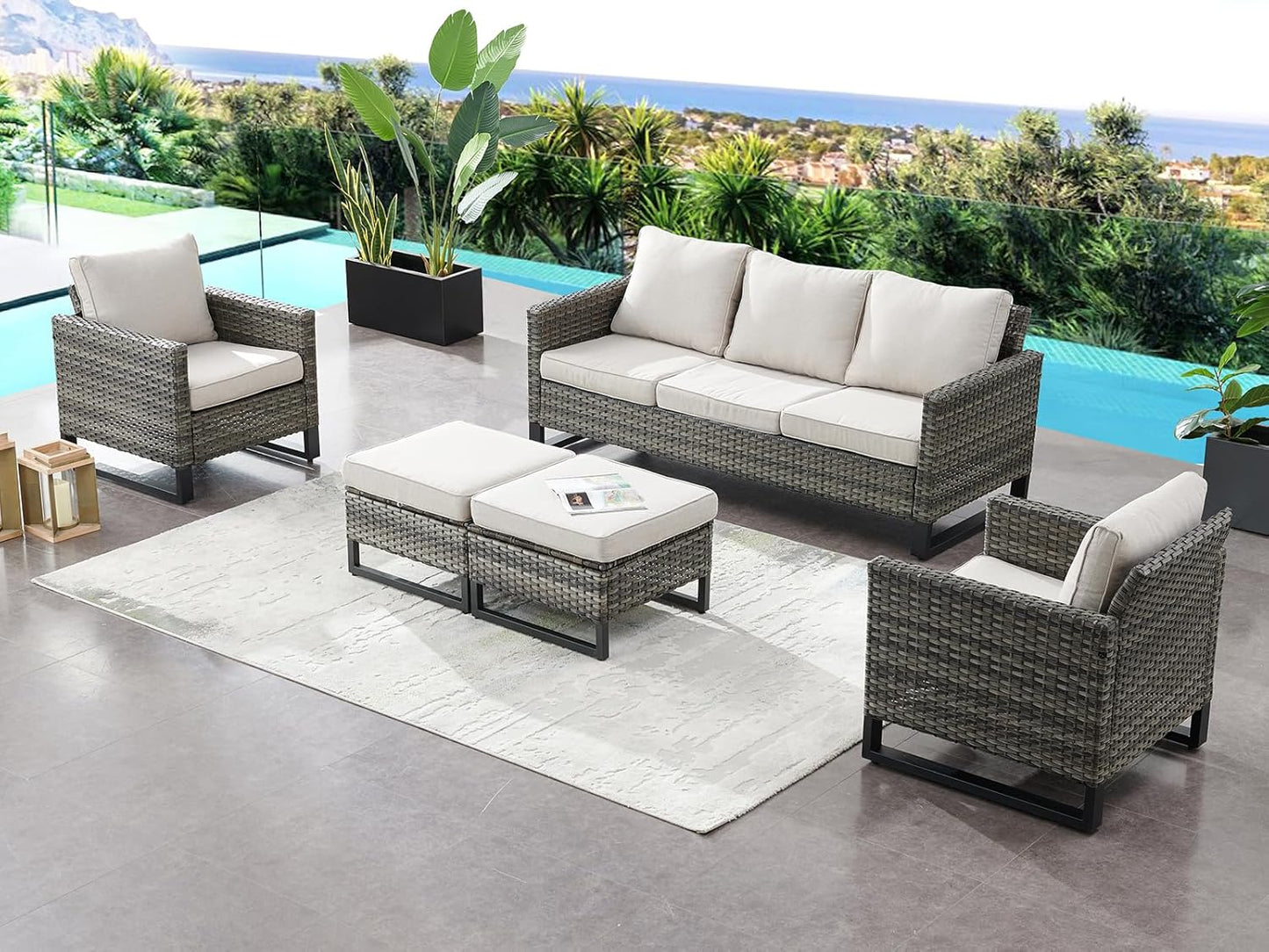 HUMMUH 5 Piece Patio Furniture Set All Weather Wicker Outdoor Sectional Sofa,High Back Patio Chairs and Ottomans for Porch,Garden,Backyard
