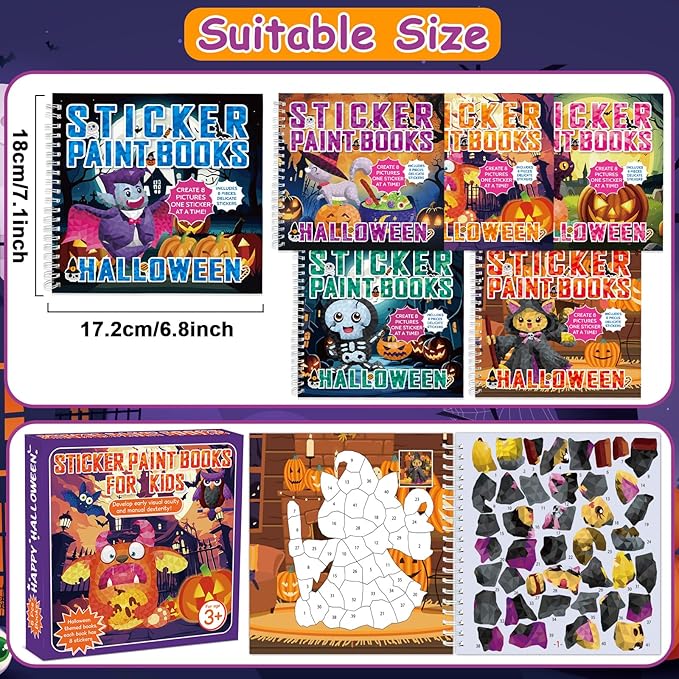 6 PCS Halloween Paint by Sticker Books for Kids Ages 4-8 Sticker by Number Books Activity Book for Kid Ages 3-5 Sticker Puzzle Book Craft Art Toddler Girl Gift with Pumpkin Ghost Monster 48 Pictures