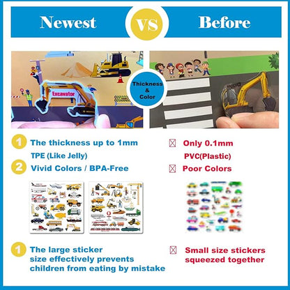 Reusable Sticker Book for Kids, 45pcs Vehicles Cars 3D Jelly Stickers Toddlers Activity Book for Boys Girls Road Trip Toddler Airplane Train Travel Essentials Toy