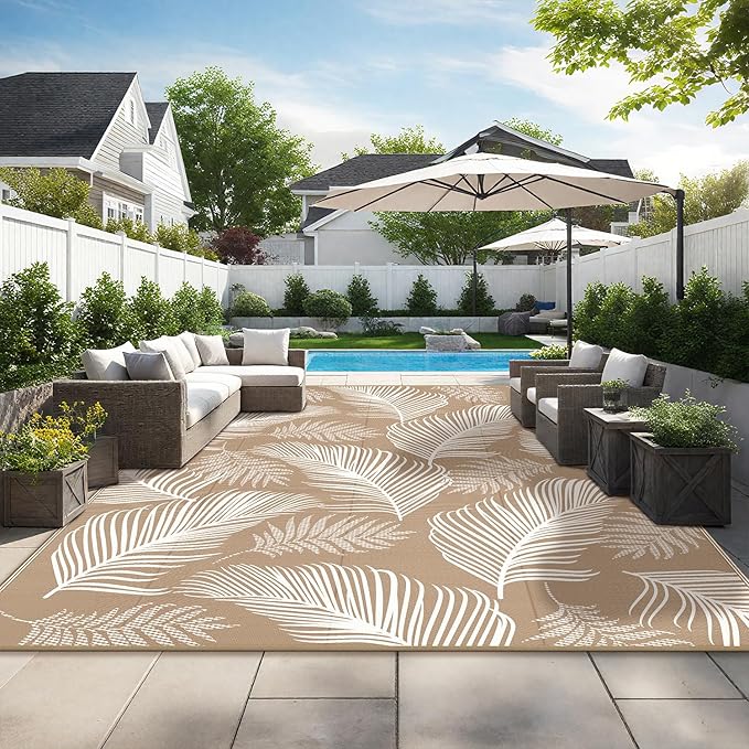 Pauwer Waterproof Outdoor Rug 9x12, Reversible Plastic Straw Patio Camping Rug, Indoor Outdoor RV Mat Carpet for Deck, Camper, Porch, Balcony, Backyard, Picnic, Leaf Brown