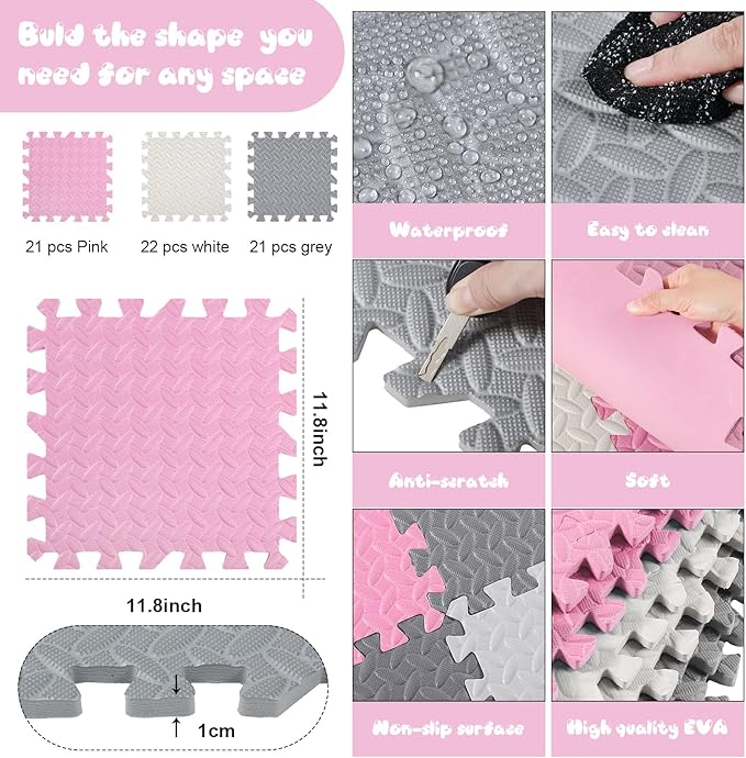 Shihanee Foam Floor Baby Tiles Foam Floor Mats Play Mats Bulk with Borders Interlocking for Kids Baby Playroom Nursery Gym (White, Gray, Pink,64ft)