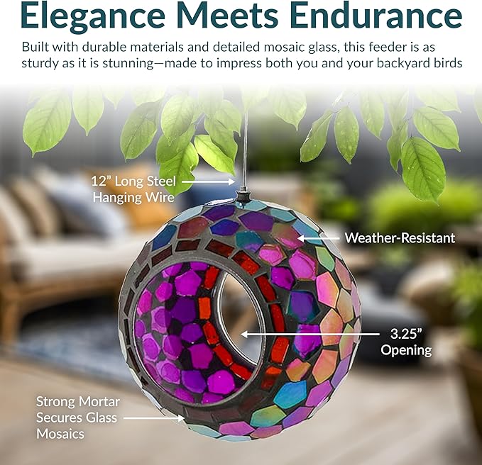 Sunnydaze 6-Inch Glass Mosaic Hanging Bird Feeder for Outdoors - Fly-Through Wild Bird Feeder - Iridescent Purple Mosaic