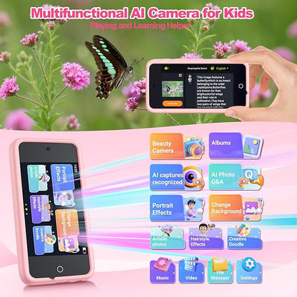 AI Digital Camera for Kids with WiFi for Christmas Birthday Gift for Girls Boys，Touch Screen HD Camera for Home Travel Garden,Kids Toys for 4 5 6 7 8 9 10 11 12 with 32GB SD Card Pink