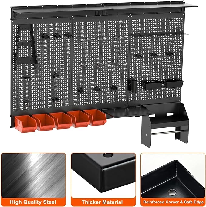 TORACK Metal Pegboard Wall Organizer 4ft Wide, Tool Storage Pegboard System for Garage with Accessories, Wall Mount Storage Bins, Shelves, Peg board Tool Organizer Kit for Workbench(Black)