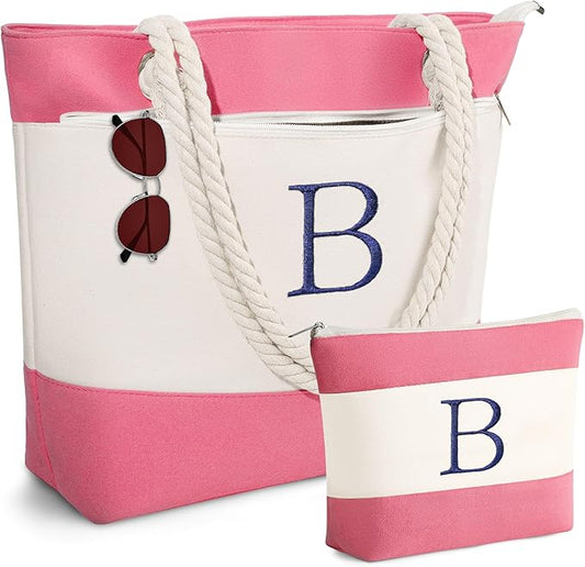 YOOLIFE Beach Bags for Women - Initial Tote Waterproof Bag with Makeup Bag, Mothers Day Gifts for Women Mom Friend Birthday