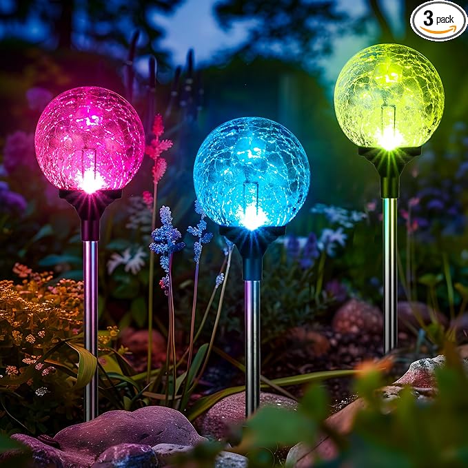GIGALUMI Solar Garden Lights 3 Pack, Solar Powered Outdoor Lighting Multi-Colored Changing Garden Globes Waterproof Cracked Glass Ball with LED Lights Decor for Yard Patio Porch Balcony Landscape