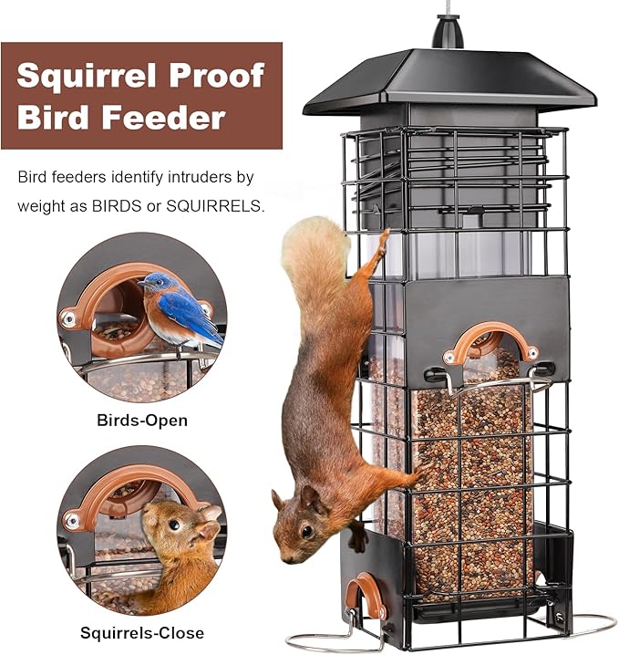 Squirrel Proof Bird Feeder - Metal Outdoor Design with 4 Feeding Ports, Wild Bird Feeders for Outside, 2.5lb Large Capacity, Ideal Gift for Bird Lovers