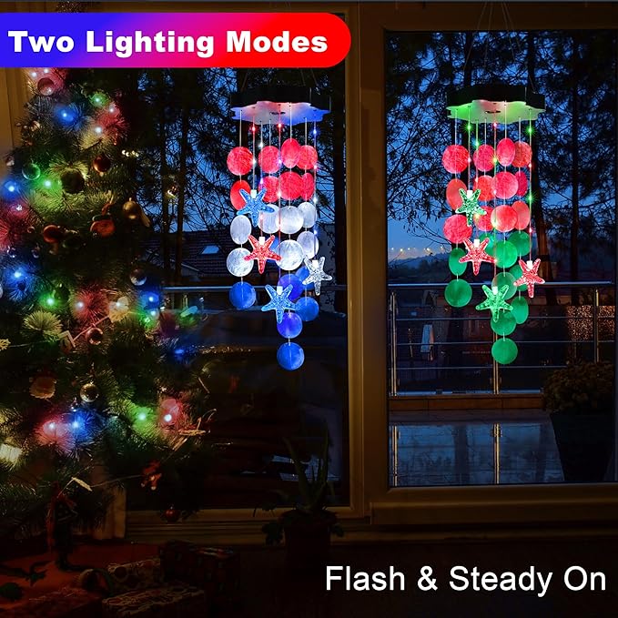 Solar Wind Chimes for Outside, Red & White & Blue Shell Gifts for Mom Grandma Women, Waterproof Solar Outdoor Decorative Mobile Lights for Garden, Yard, Patio, Window, Party, Outdoor Decorations