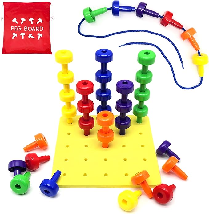 Foam Peg Board Toy - 36 Pegs, Foam Board, Lacing String, Storage Bag - Occupational Therapy Toys - Fine Motor Skills Toys for Toddlers and Kids (Yellow)