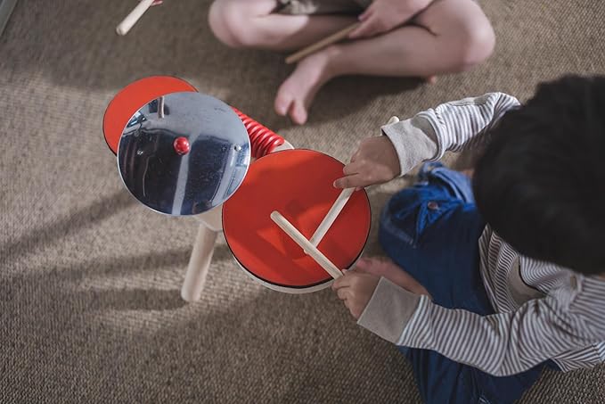 PlanToys Musical Band Toddler Drum Set Sustainably-Made with 2 Different-Sized Drums, Pair of Rubber-Coated Drumsticks, Cymbal, and Guiro to Explore Creativity